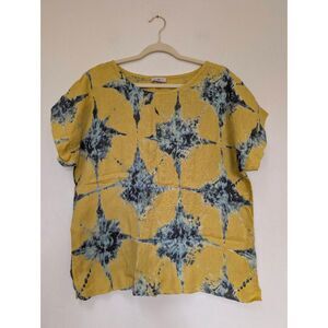 Bellambra Womens Tie Dye Boxy Short Sleeve Linen Top Mustard Yellow Large